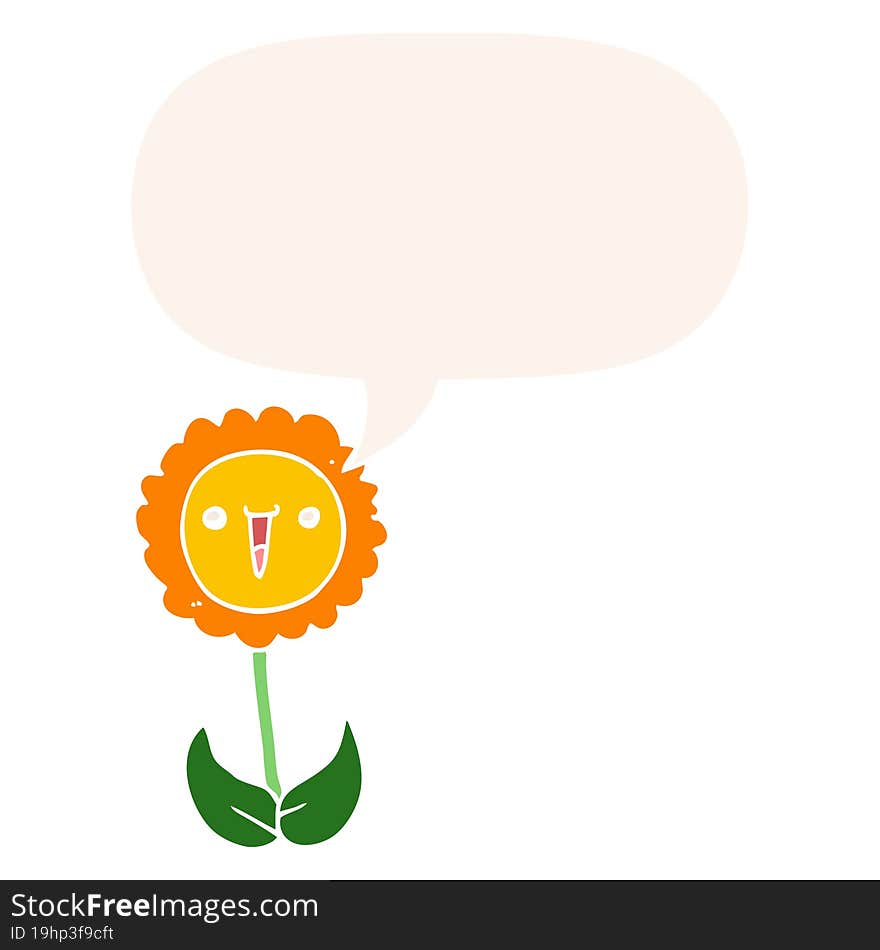 cartoon flower with speech bubble in retro style