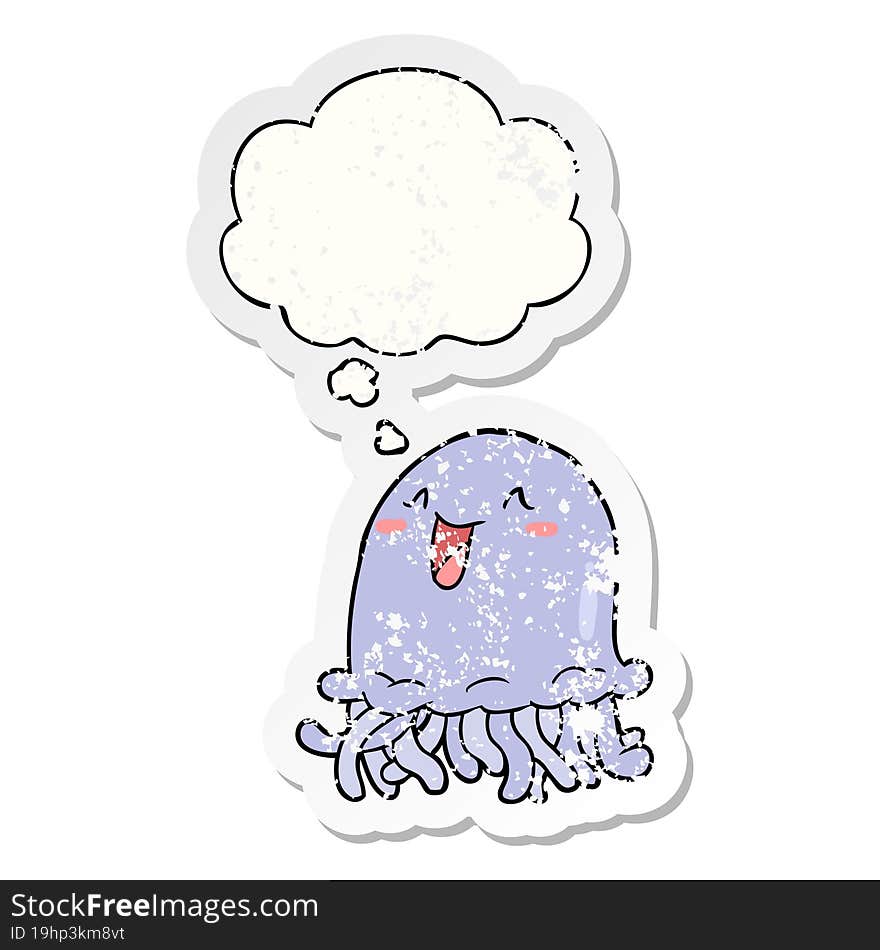 cartoon jellyfish and thought bubble as a distressed worn sticker