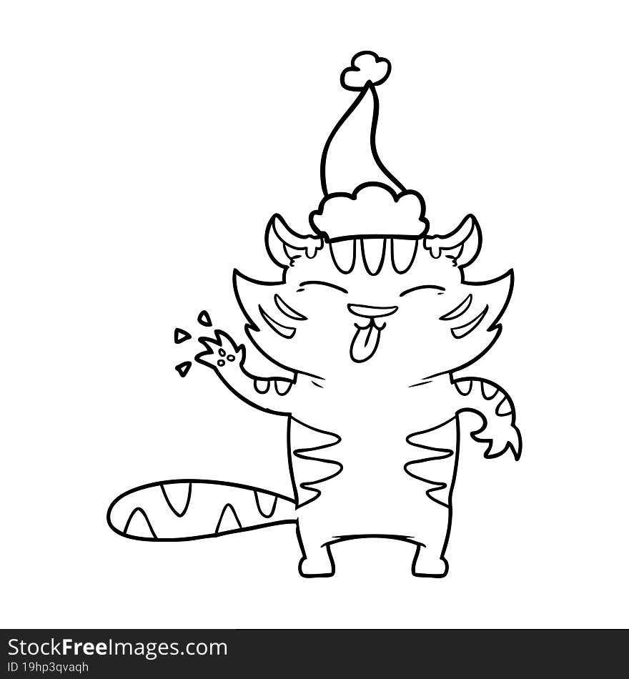 hand drawn line drawing of a white tiger wearing santa hat