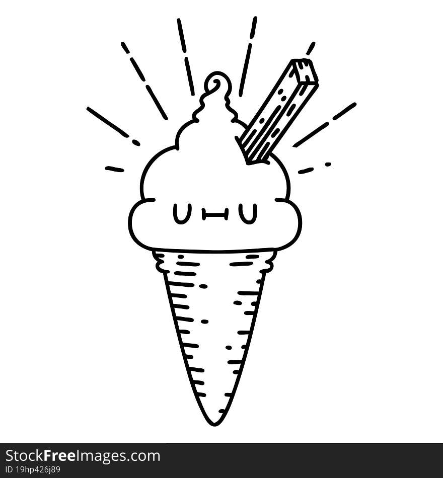 traditional black line work tattoo style ice cream character