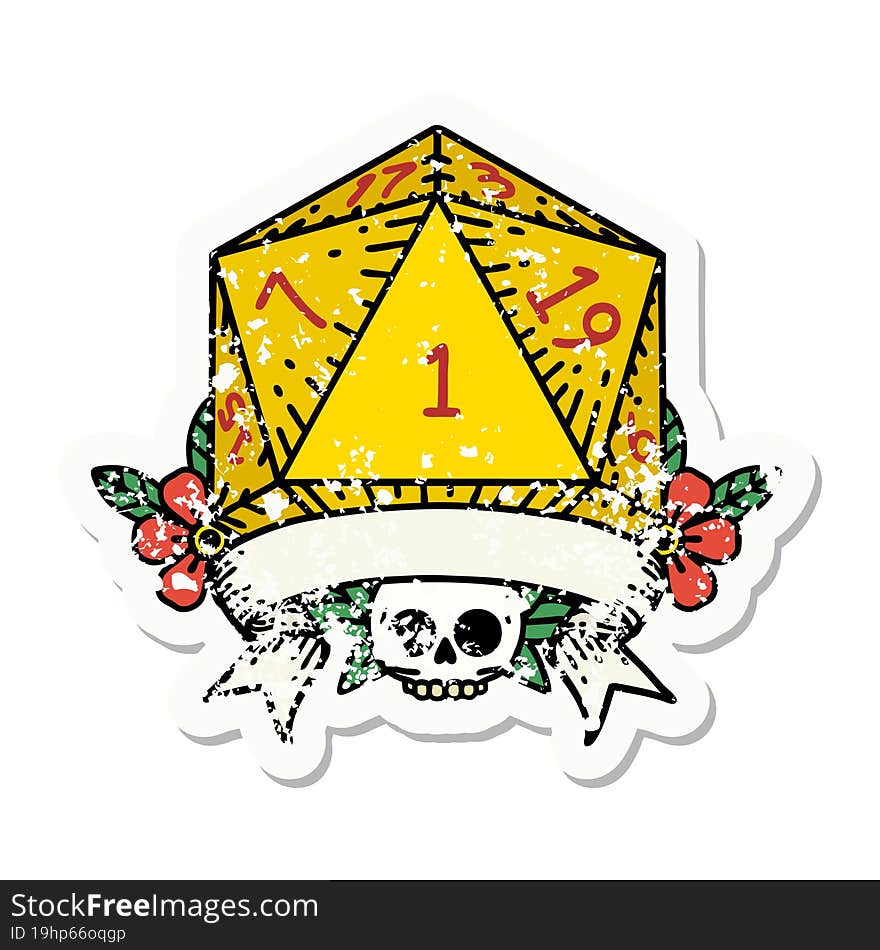 grunge sticker of a natural one d20 dice roll. grunge sticker of a natural one d20 dice roll