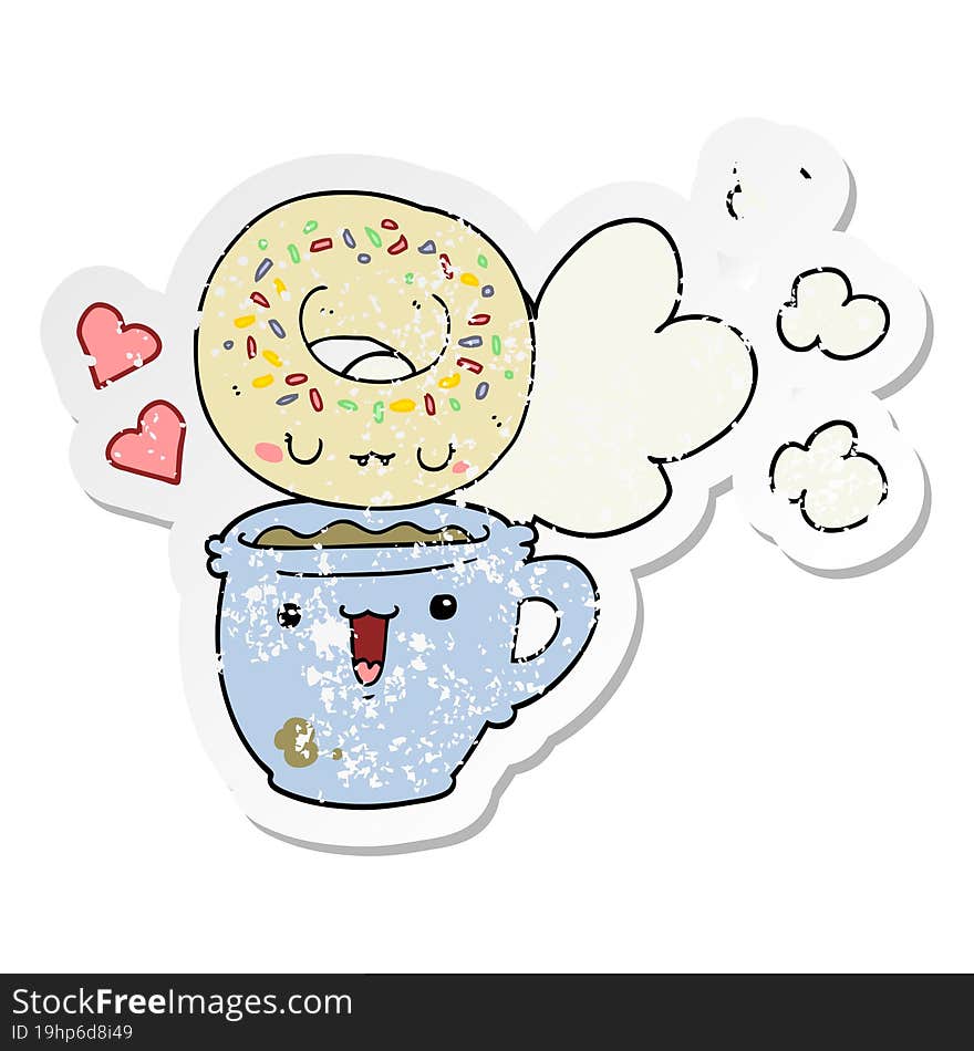 distressed sticker of a cute cartoon donut and coffee