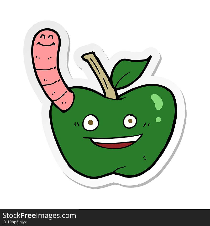 Sticker Of A Cartoon Apple With Worm