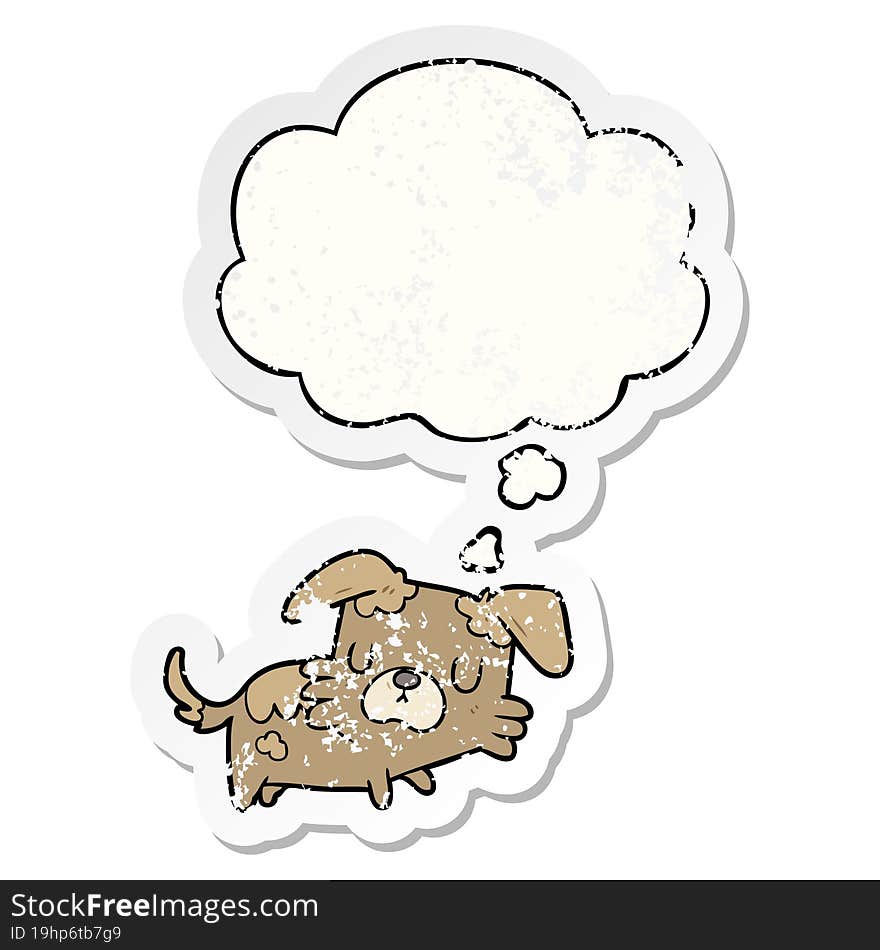 cartoon dog and thought bubble as a distressed worn sticker