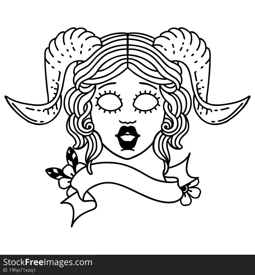 Black and White Tattoo linework Style tiefling character face. Black and White Tattoo linework Style tiefling character face