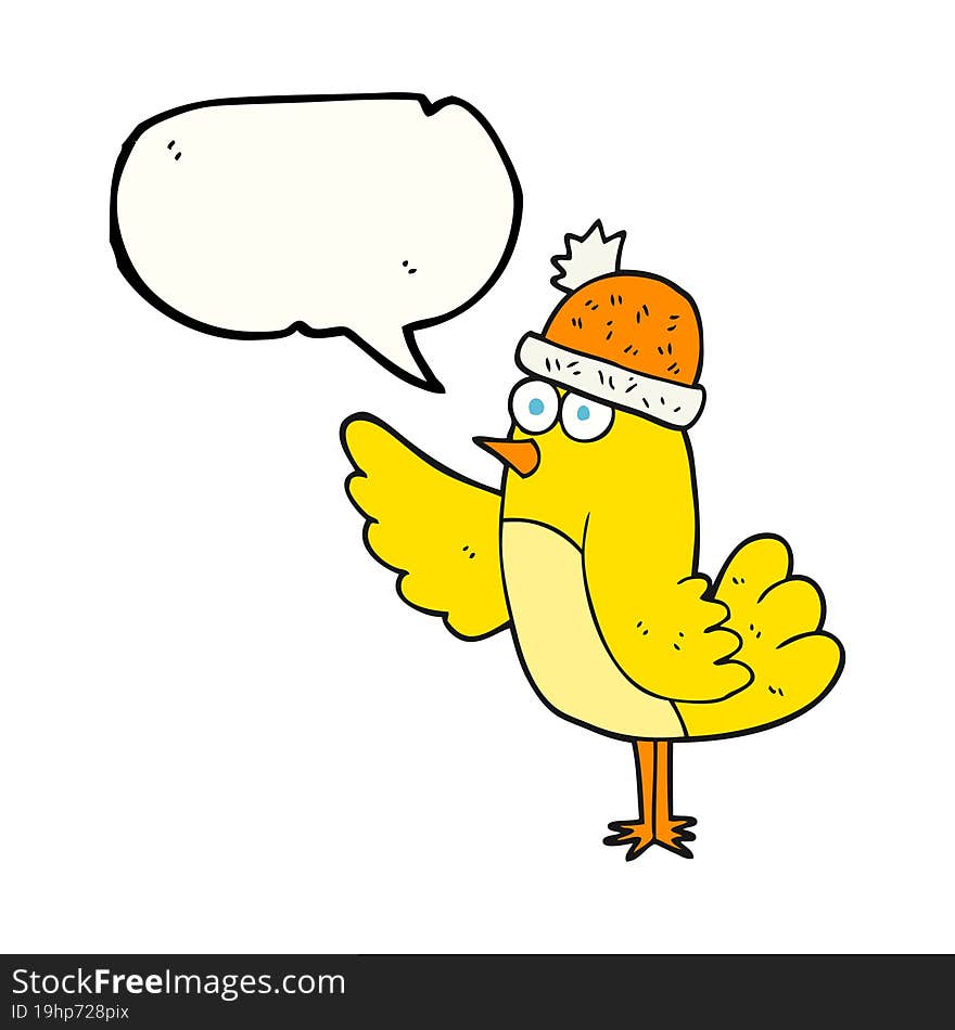 freehand drawn speech bubble cartoon bird wearing hat