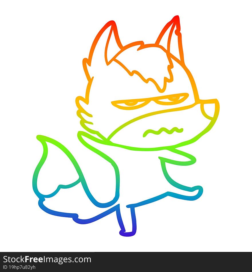 Rainbow Gradient Line Drawing Cartoon Annoyed Wolf