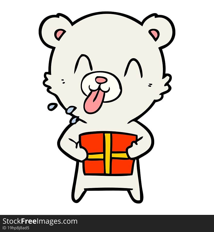 rude cartoon polar bear sticking out tongue with present. rude cartoon polar bear sticking out tongue with present