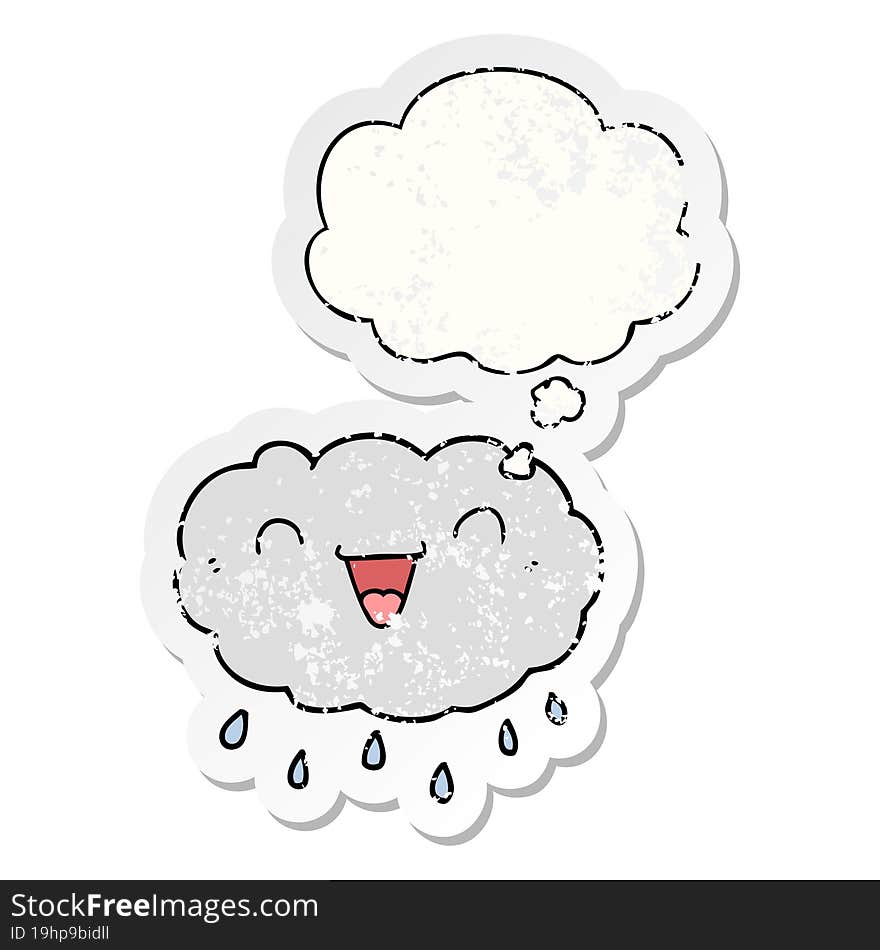 happy cartoon cloud and thought bubble as a distressed worn sticker