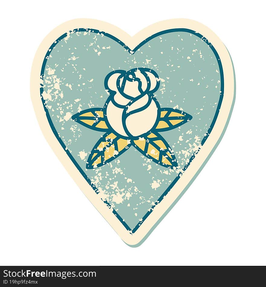 iconic distressed sticker tattoo style image of a heart and flowers. iconic distressed sticker tattoo style image of a heart and flowers