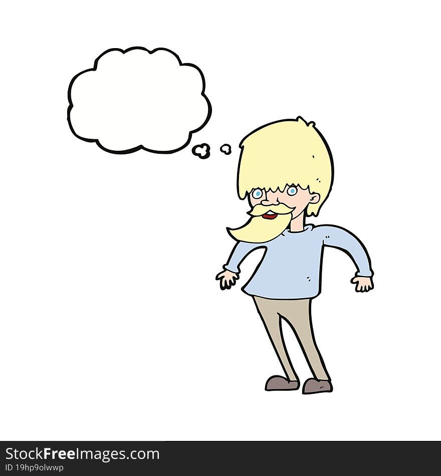 cartoon bearded man shrugging shoulders with thought bubble