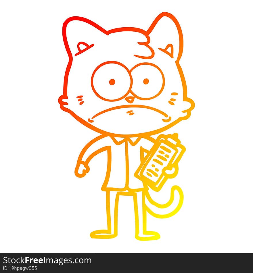 warm gradient line drawing cartoon cat with clipboard