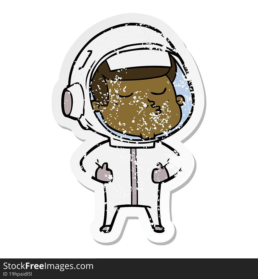 distressed sticker of a cartoon confident astronaut