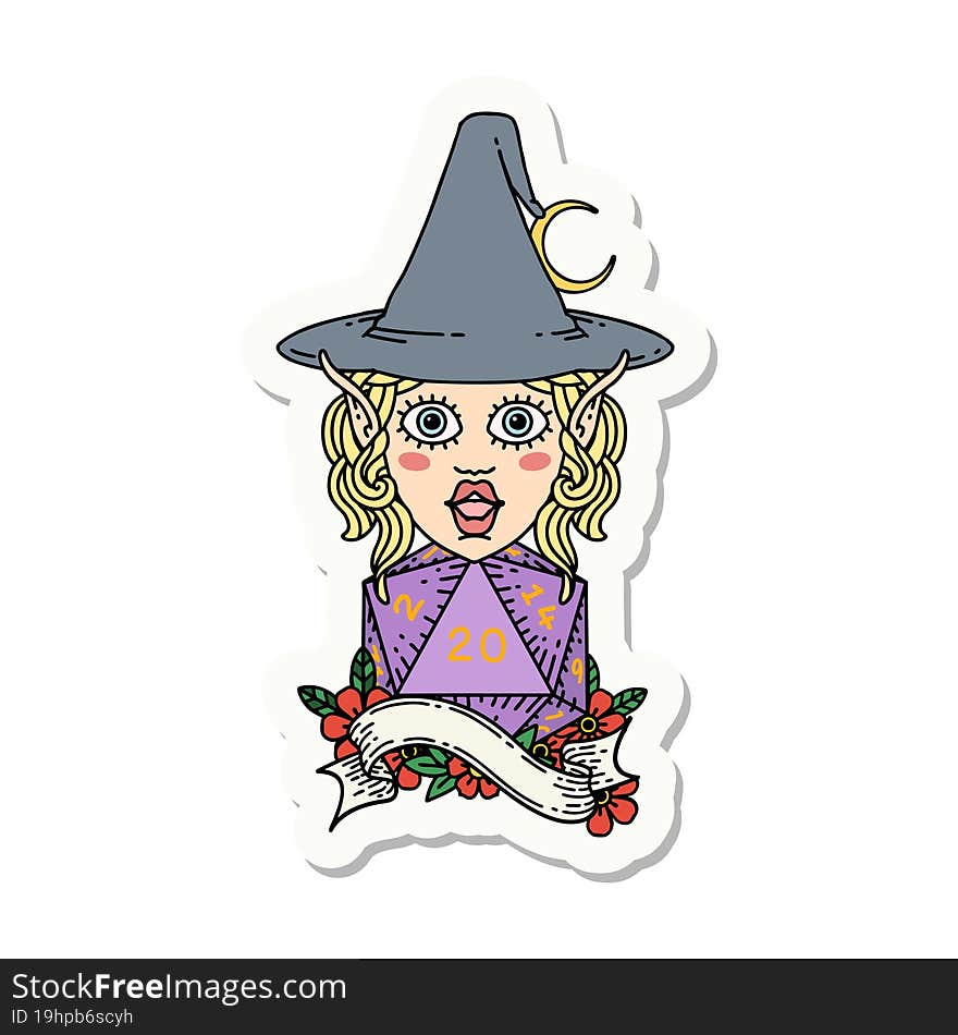 elf mage character with natural twenty dice roll sticker