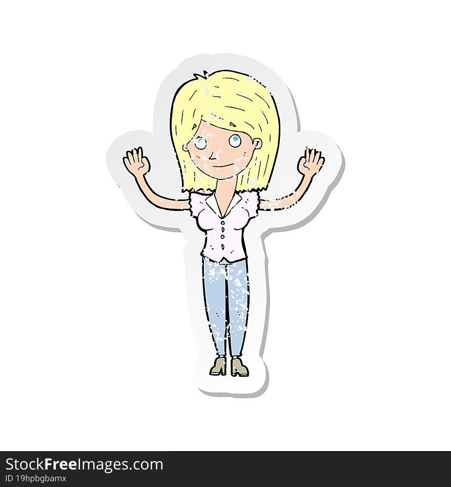 retro distressed sticker of a cartoon woman holding up hands