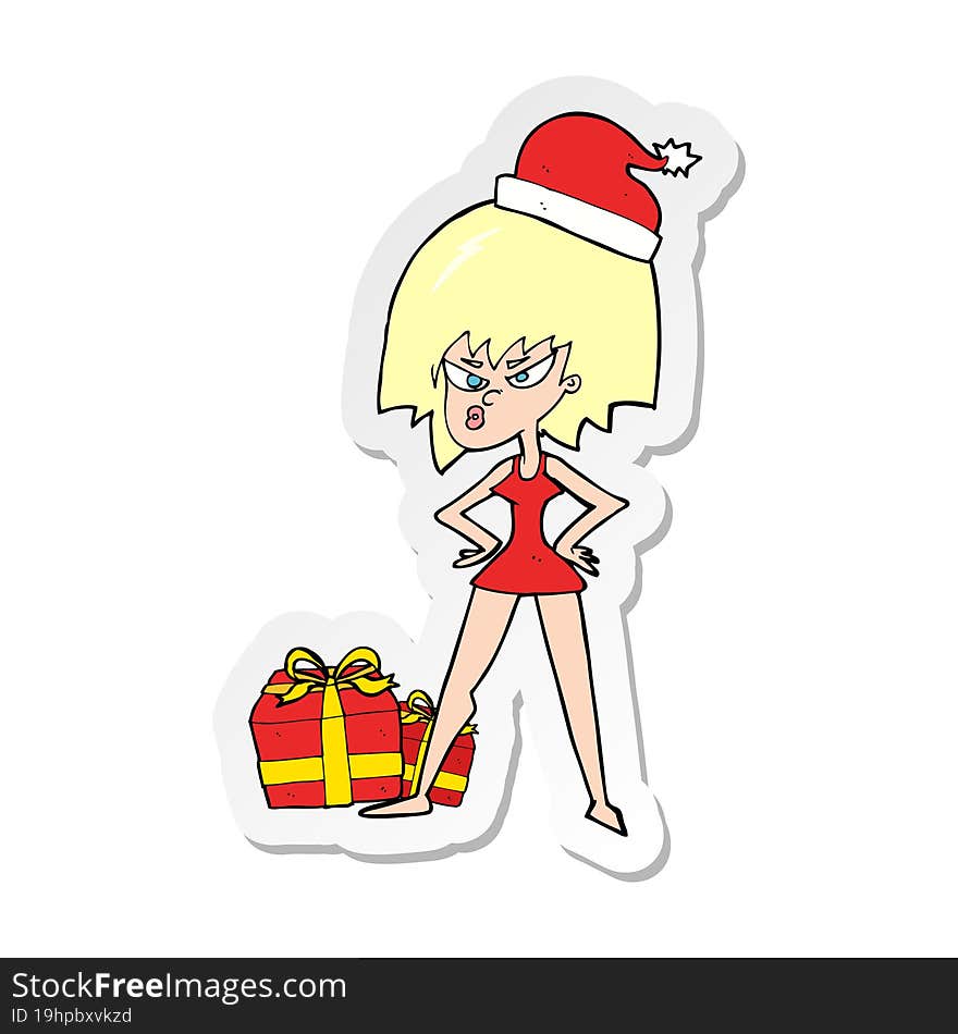 Sticker Of A Cartoon Woman Angry At Christmas Present