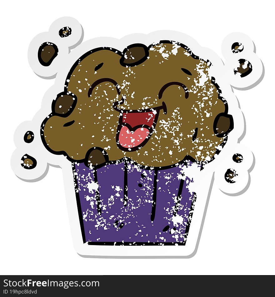 Distressed Sticker Of A Quirky Hand Drawn Cartoon Happy Muffin