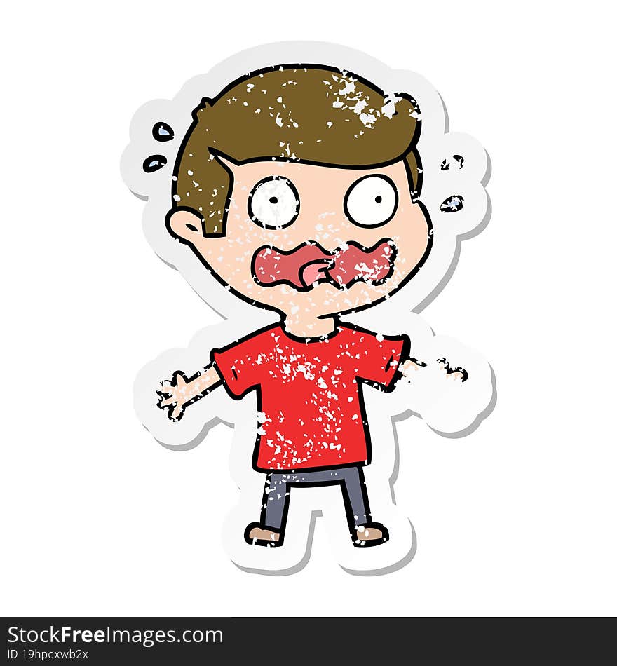 distressed sticker of a cartoon man totally stressed out