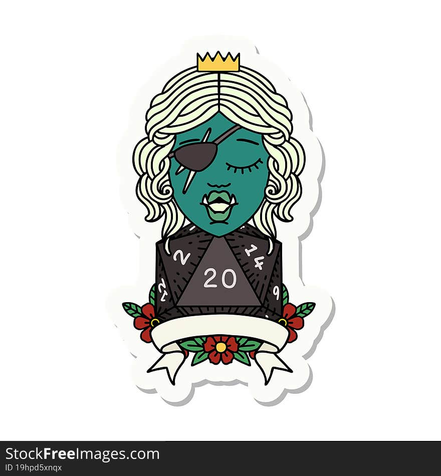 sticker of a half orc rogue character with natural twenty dice roll. sticker of a half orc rogue character with natural twenty dice roll