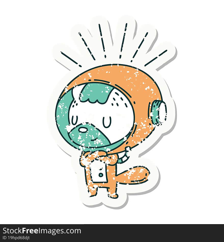 worn old sticker of a tattoo style animal in astronaut suit. worn old sticker of a tattoo style animal in astronaut suit