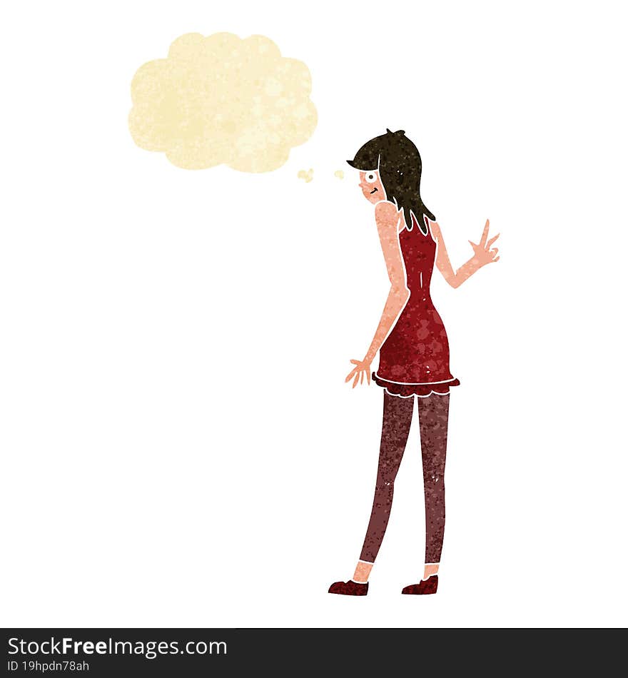 cartoon woman waving with thought bubble