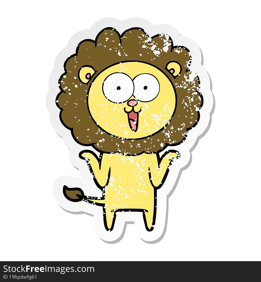 distressed sticker of a happy cartoon lion