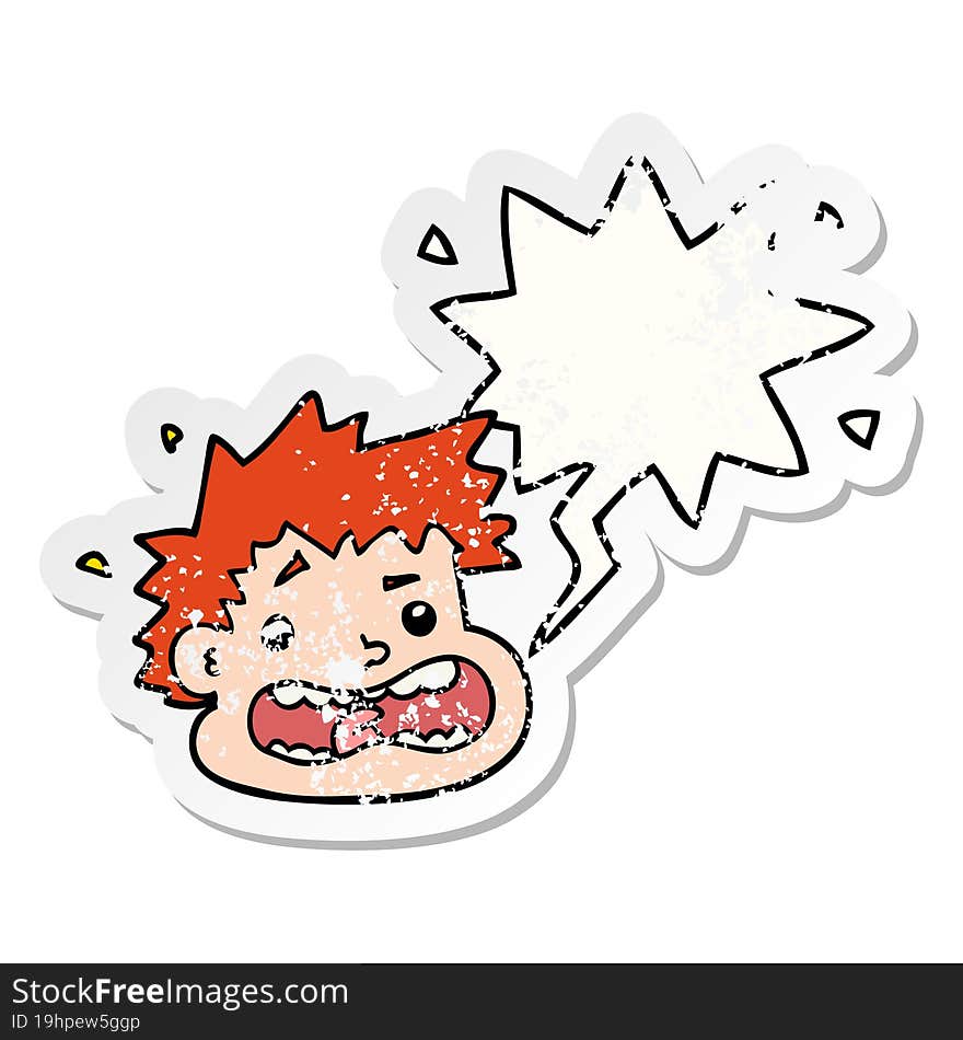 cartoon frightened face and speech bubble distressed sticker