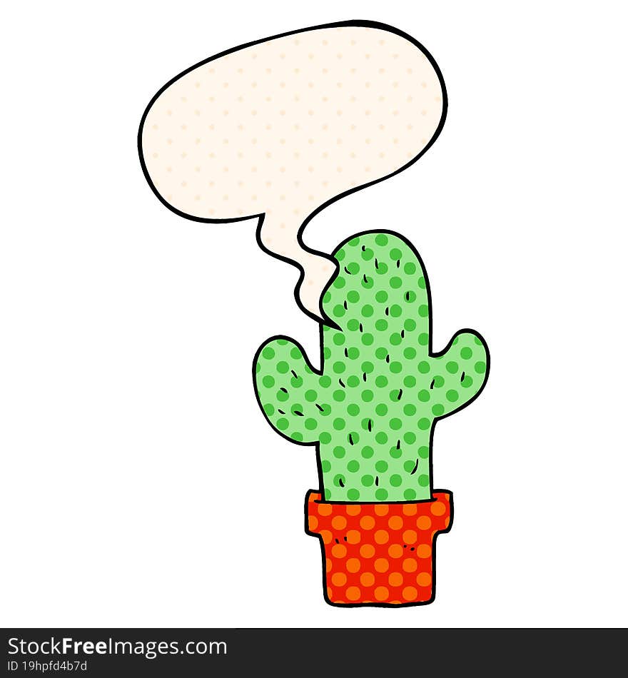 cartoon cactus and speech bubble in comic book style