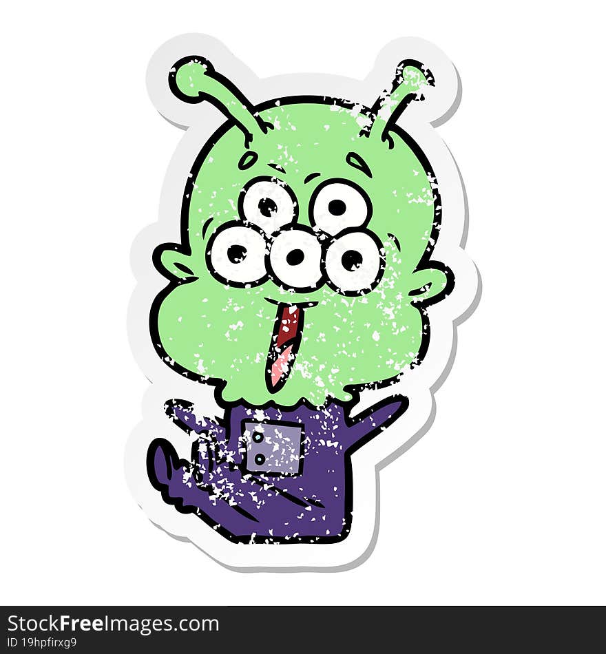 distressed sticker of a happy cartoon alien