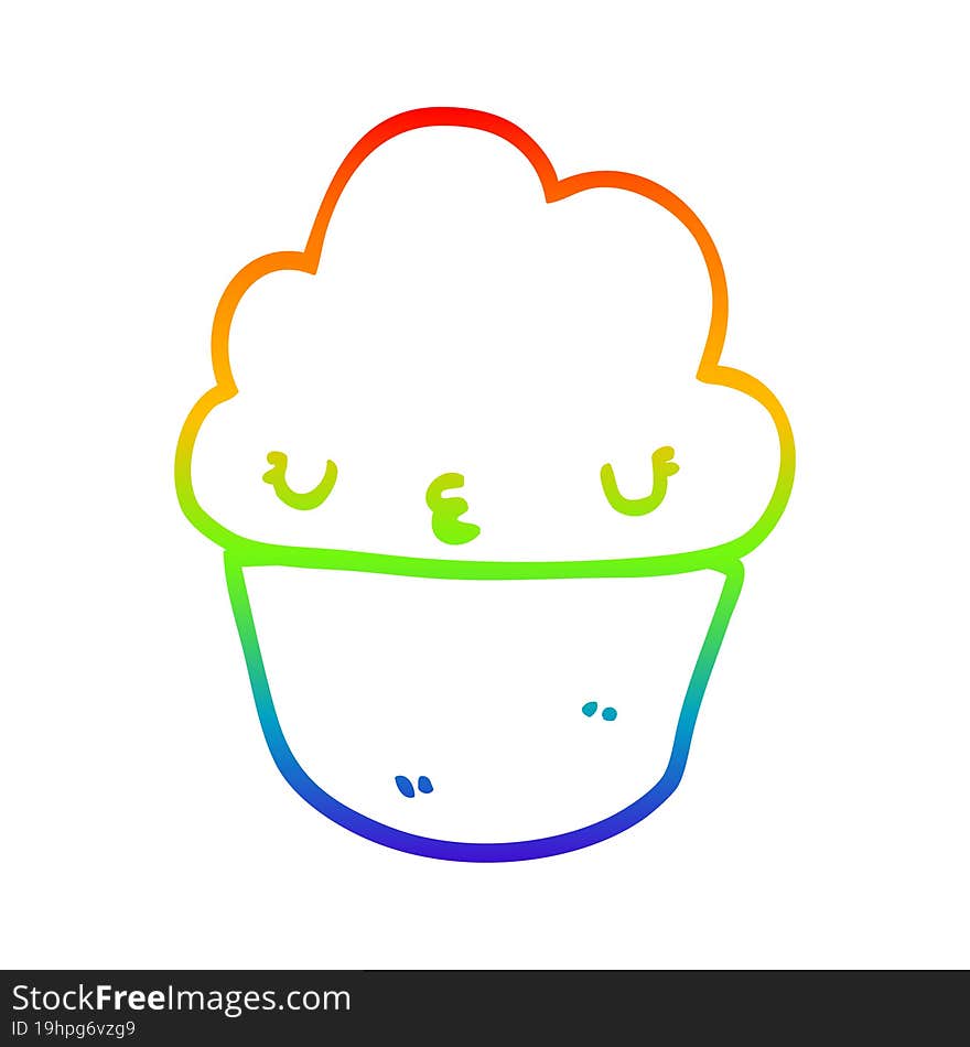 Rainbow Gradient Line Drawing Cartoon Cupcake With Face