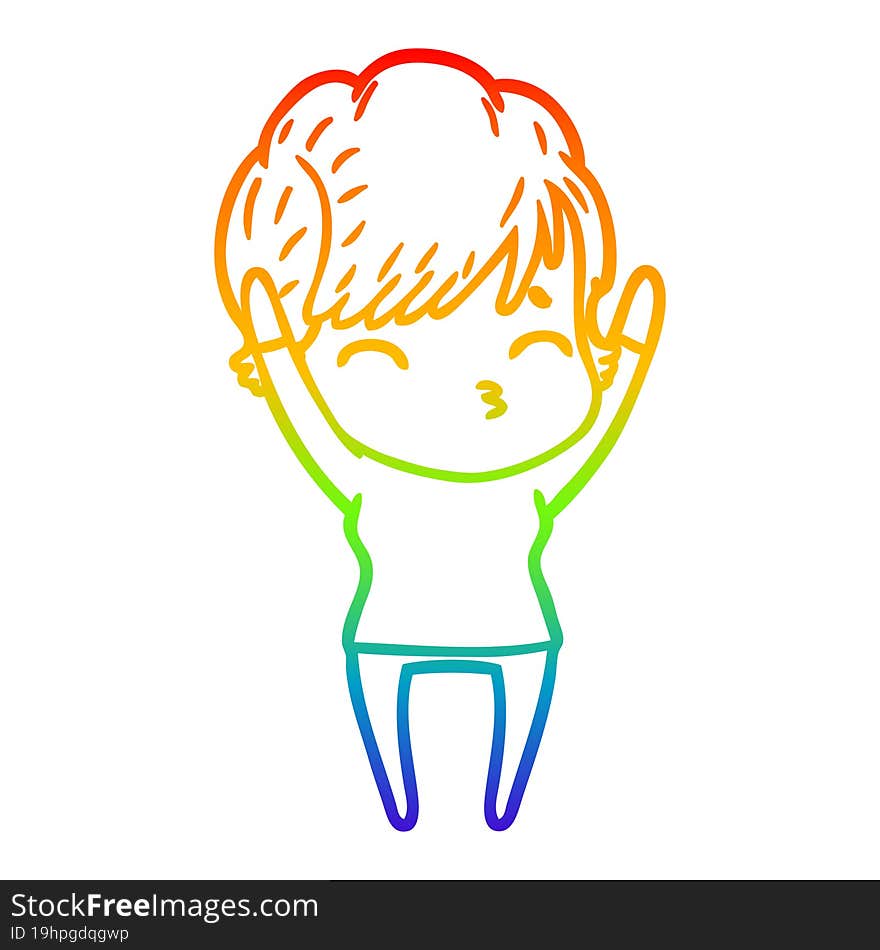 Rainbow Gradient Line Drawing Cartoon Woman Thinking