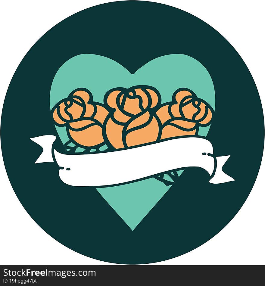 Tattoo Style Icon Of A Heart And Banner With Flowers