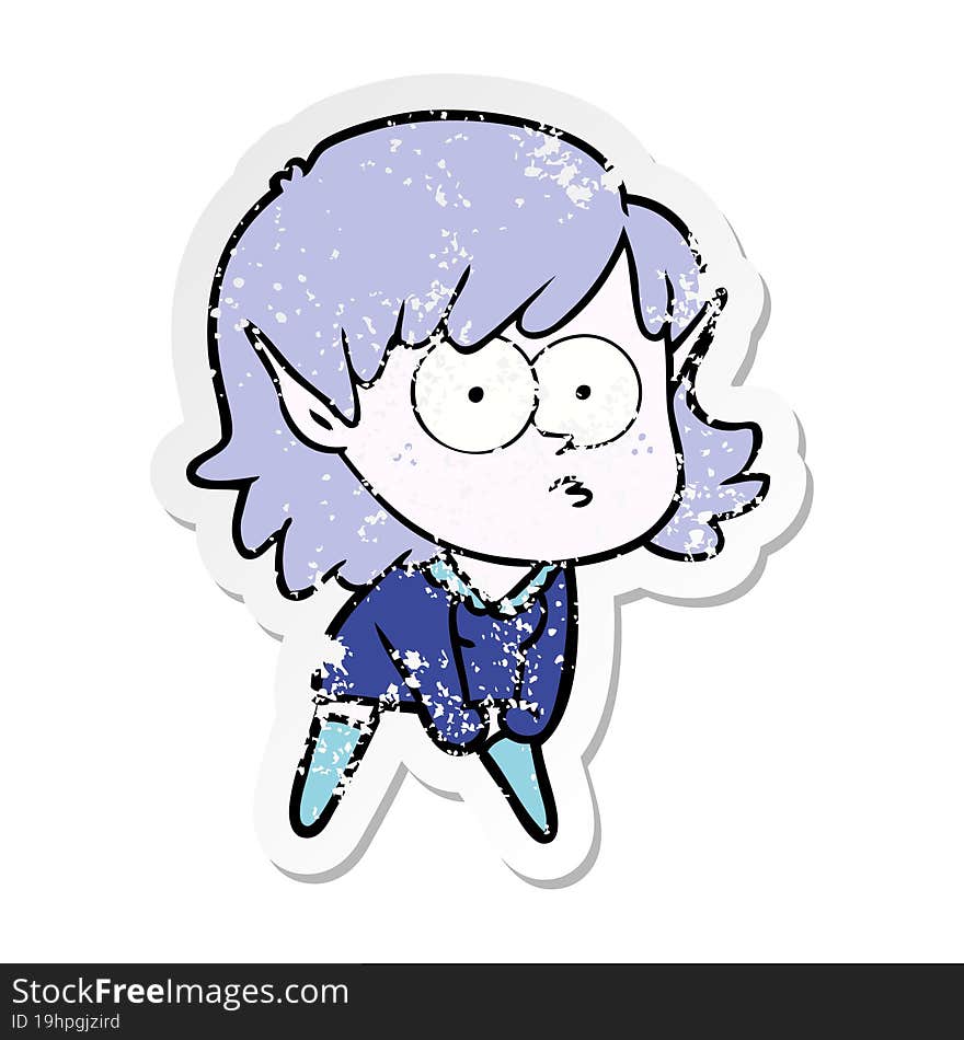 distressed sticker of a cartoon elf girl staring and crouching