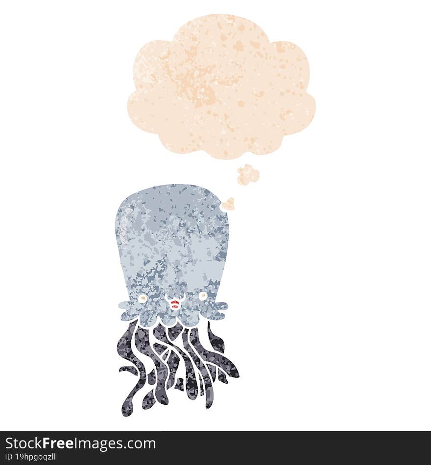 cartoon octopus and thought bubble in retro textured style