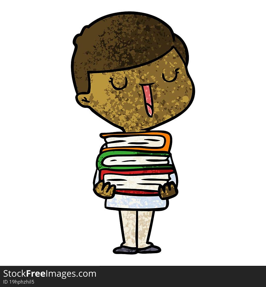 cartoon happy boy with stack of books. cartoon happy boy with stack of books