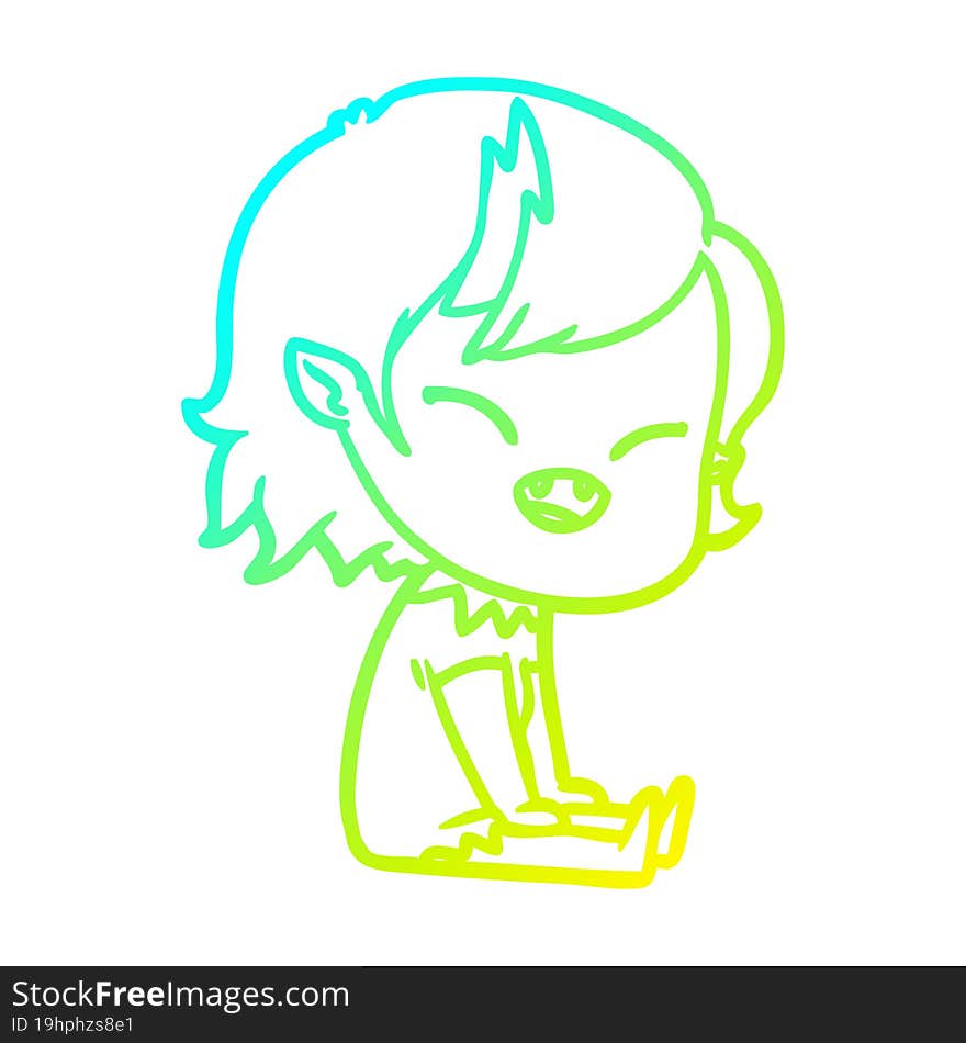 cold gradient line drawing of a cartoon laughing vampire girl sitting