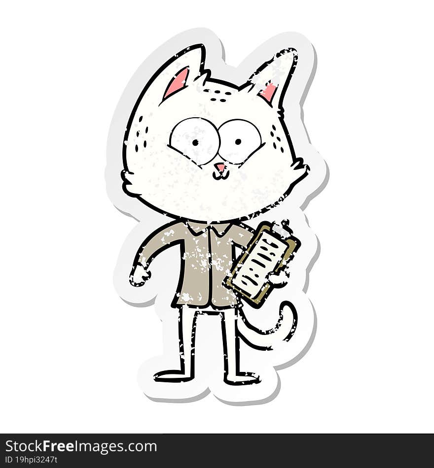 distressed sticker of a cartoon cat with clipboard