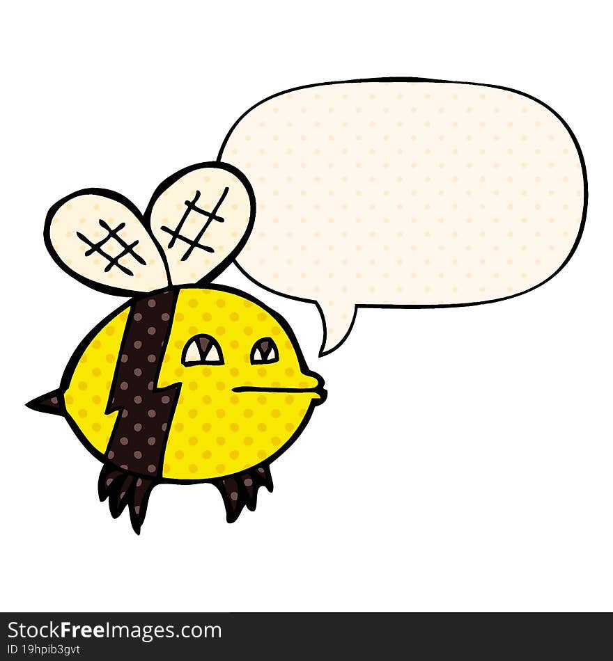 cartoon bee with speech bubble in comic book style