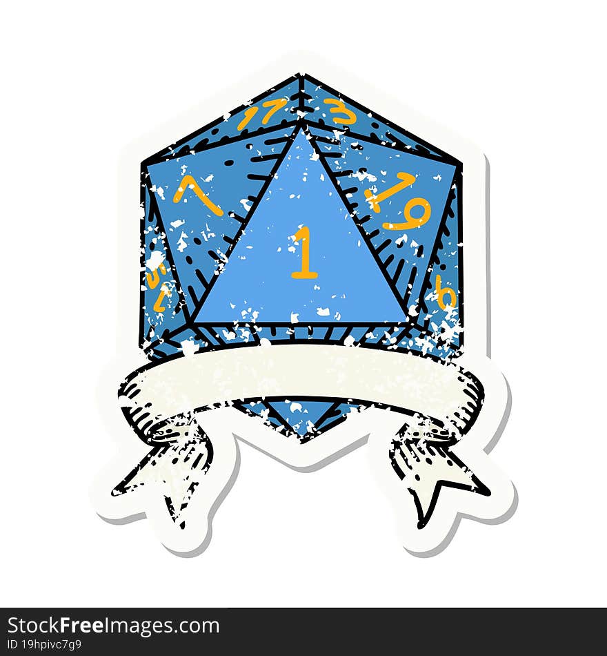 grunge sticker of a natural one d20 dice roll. grunge sticker of a natural one d20 dice roll