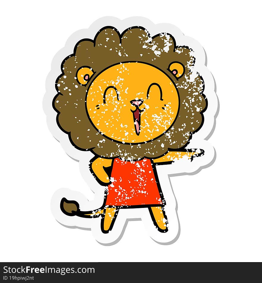 distressed sticker of a laughing lion cartoon