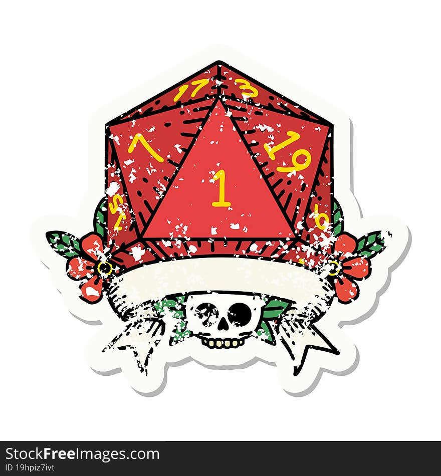 natural one d20 dice roll grunge sticker