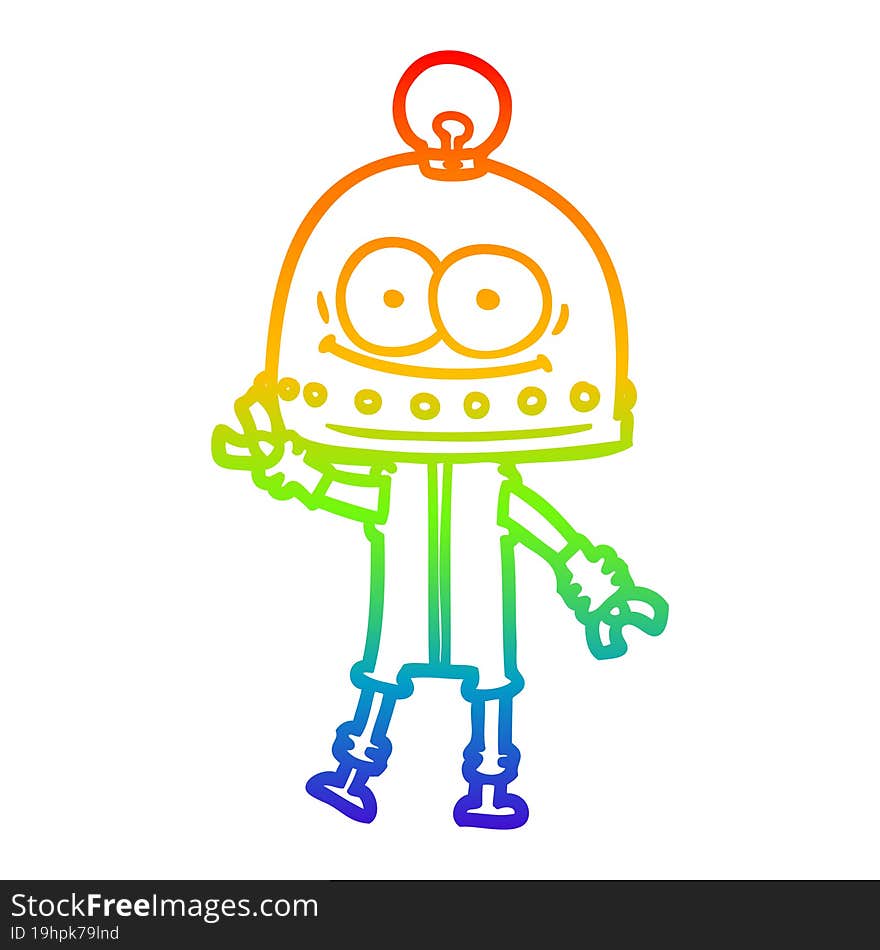 rainbow gradient line drawing of a happy carton robot with light bulb