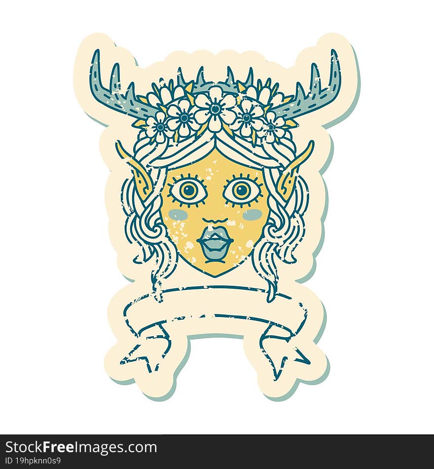 Retro Tattoo Style elf druid character face with banner. Retro Tattoo Style elf druid character face with banner