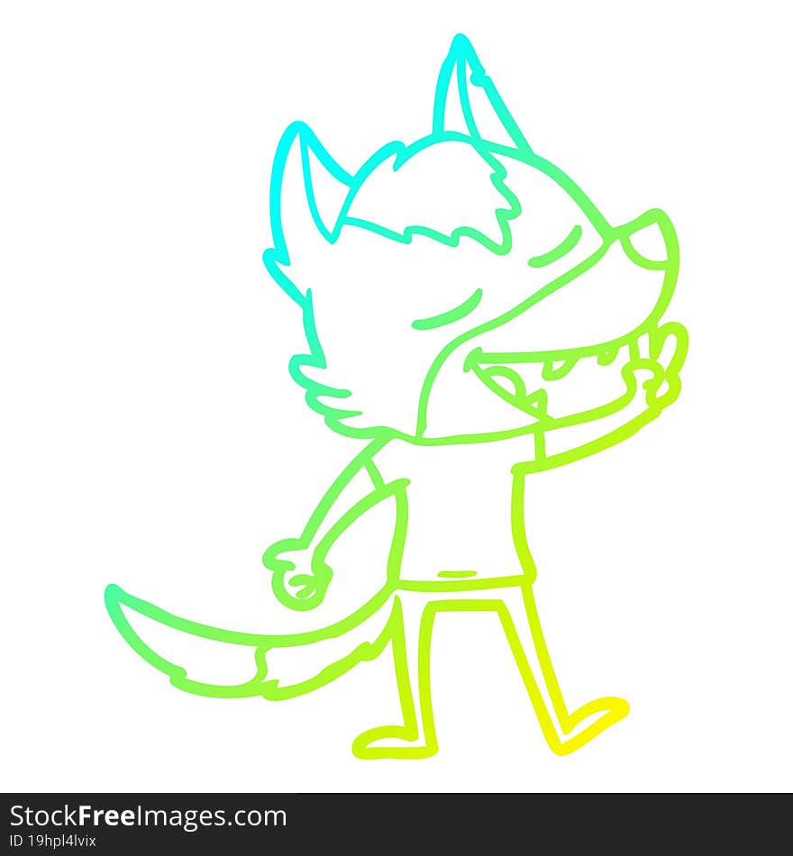 cold gradient line drawing of a cartoon wolf giving peace sign