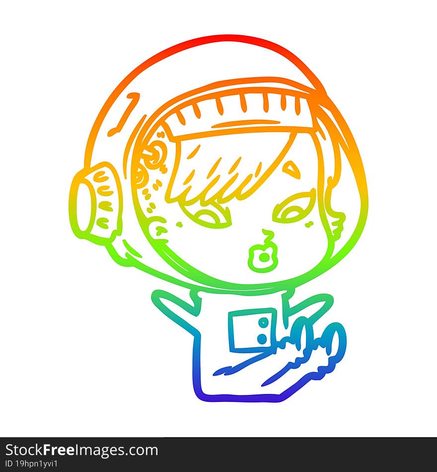 rainbow gradient line drawing of a cartoon astronaut woman