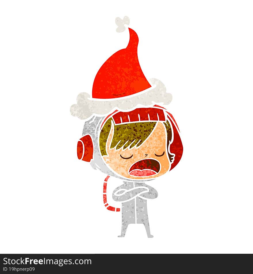 retro cartoon of a astronaut woman explaining wearing santa hat