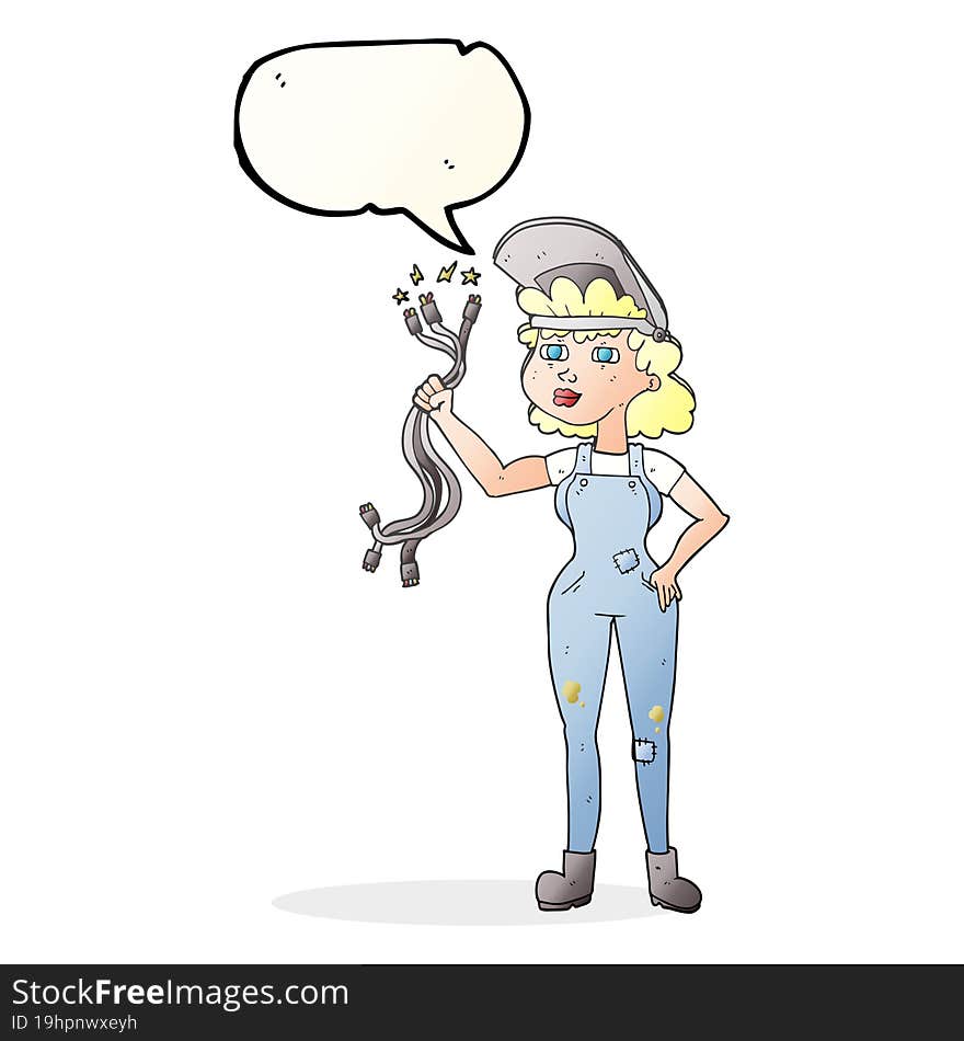 freehand drawn speech bubble cartoon electrician woman