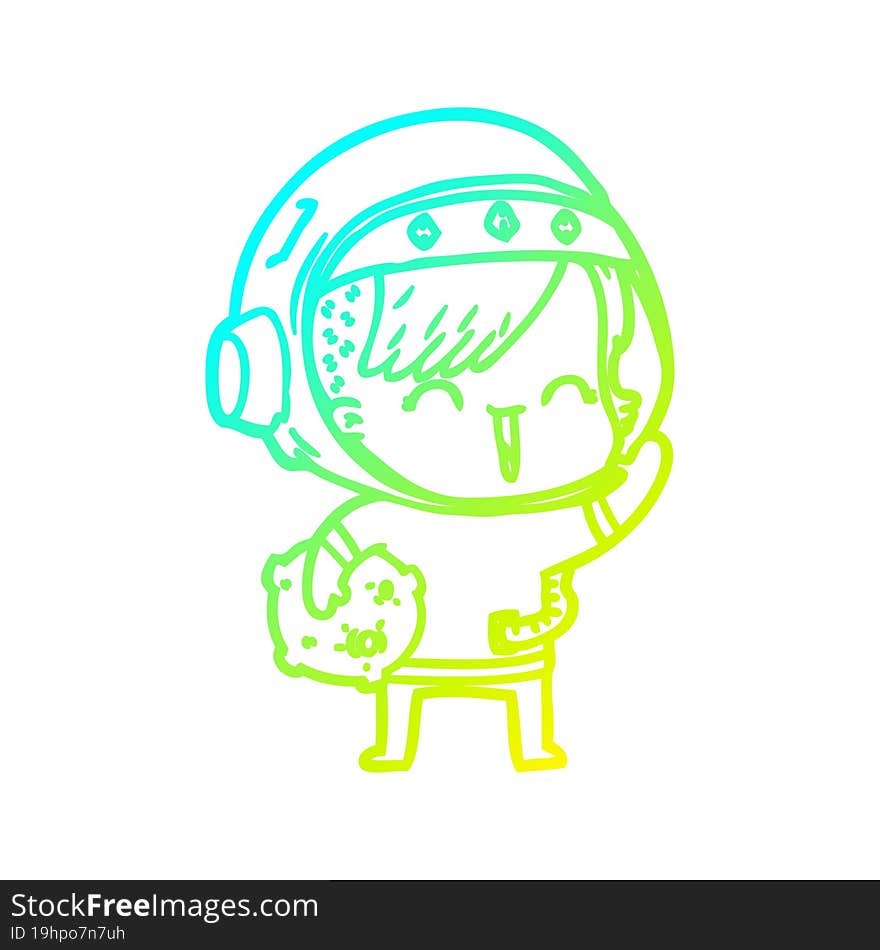 Cold Gradient Line Drawing Cartoon Happy Spacegirl Holding Moon Rock