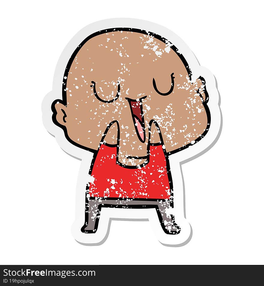 distressed sticker of a happy cartoon bald man