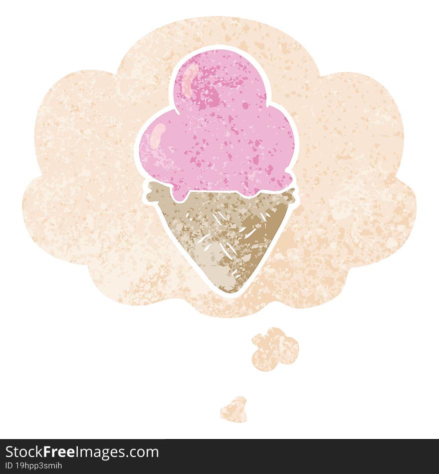 Cartoon Ice Cream And Thought Bubble In Retro Textured Style